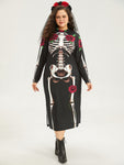 Halloween Mock Neck Skull Print Split Hem Dress