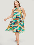 Geometric Contrast Pocket Halter Neck Pleated Dress