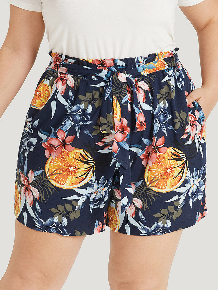 

Plus Size Women Dailywear Floral Belted High Rise Pocket Belt Elegant Shorts BloomChic, Multicolor