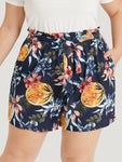 Floral Print Arc Hem Belted Paperbag Waist Shorts