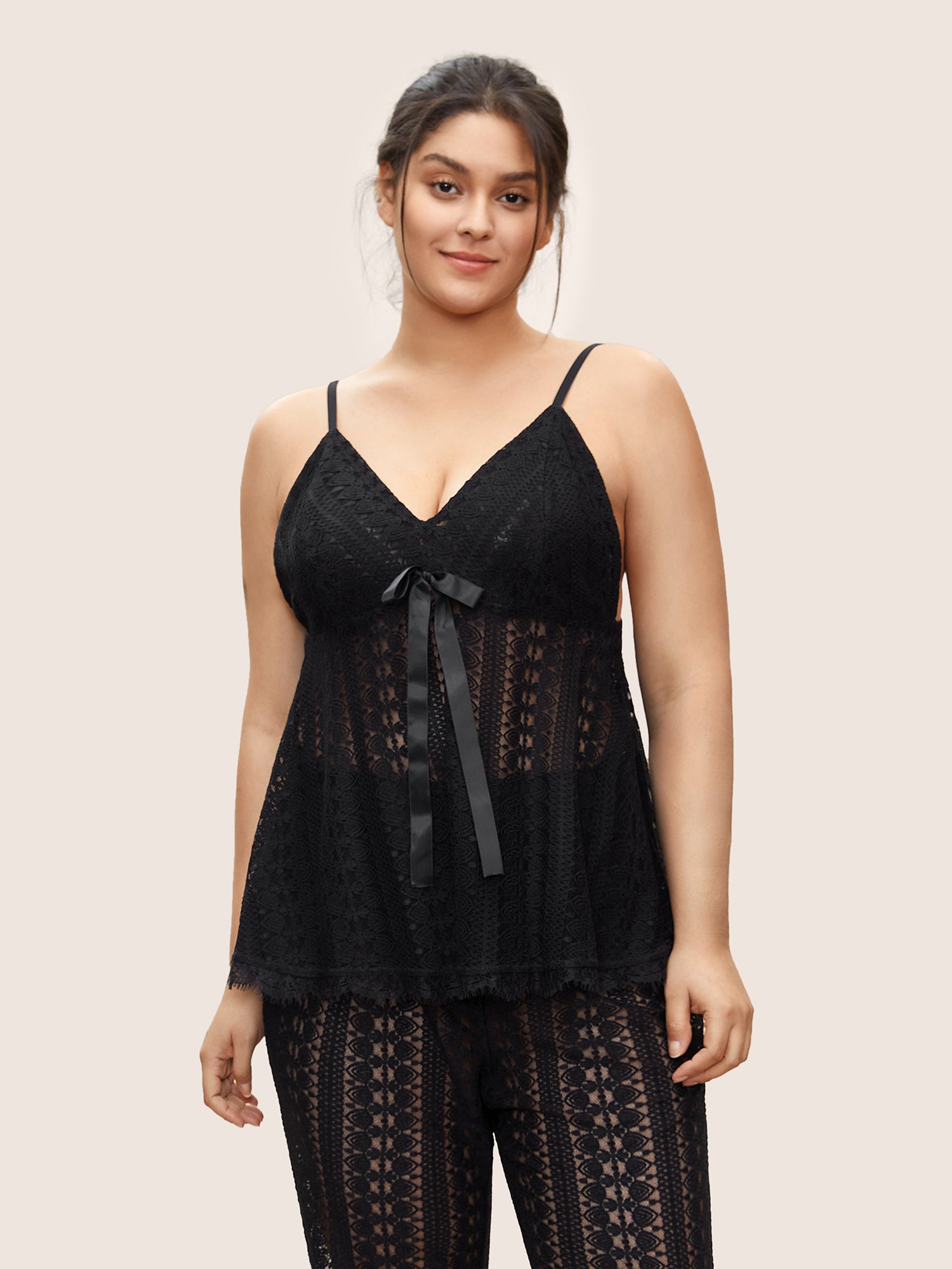 

Plus Size Sleep Tops | Lace Panel Bowknot Ribbon Cami Sleep Top | BloomChic, Black