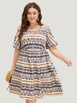 General Print Keyhole Pocketed Dress With Ruffles