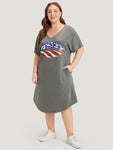 Lip & Star Print Pocket Arc Hem Heather Tee Dress