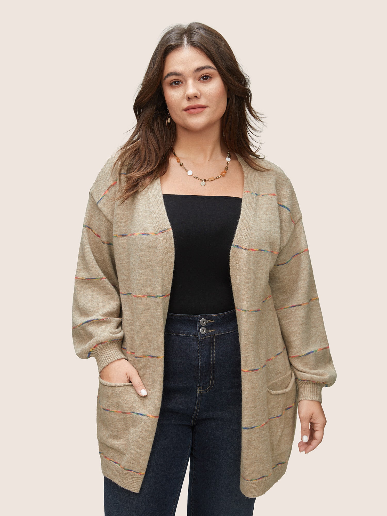 

Plus Size Cardigans | Anti-Pilling Colored Striped Patched Pocket Cardigan | BloomChic, Tan