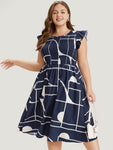 Shirred Pocketed Flutter Sleeves Geometric Print Dress