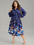 Butterfly Print Gathered Button Up Belted Dress
