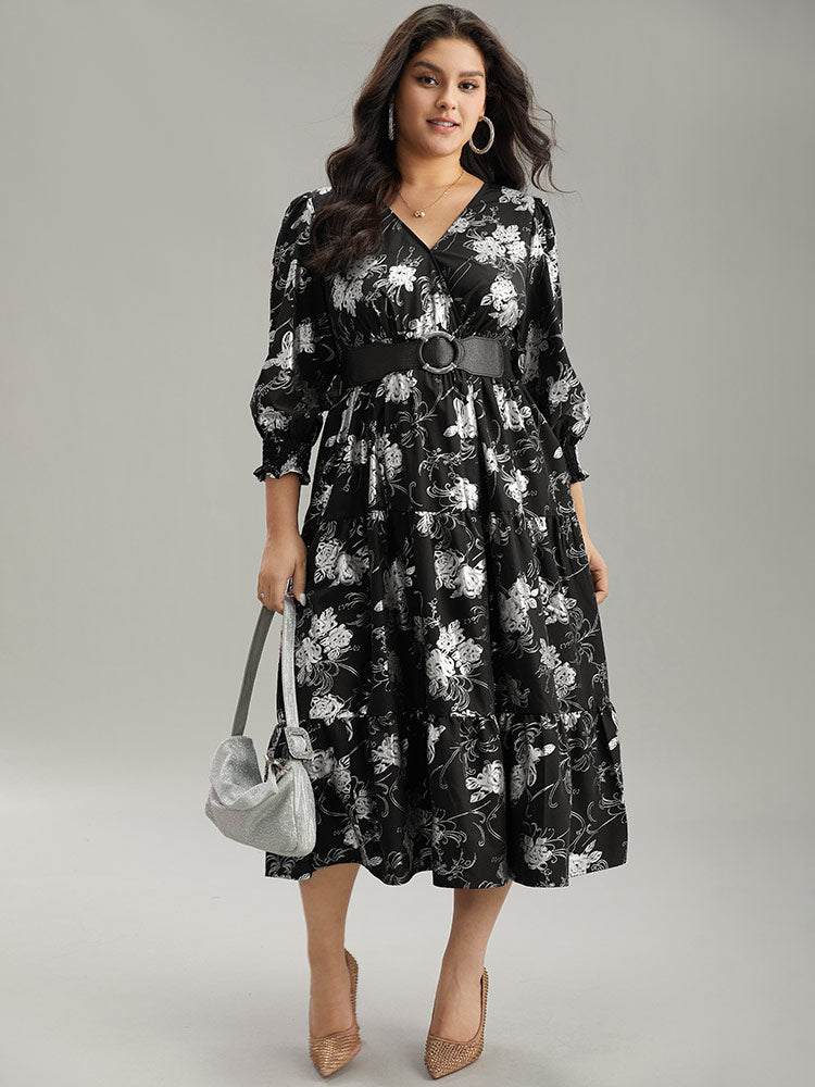 

Plus Size Women Dailywear Silhouette Floral Print Wrap Regular Sleeve Elbow-length sleeve Overlap Collar Pocket Elegance Dresses BloomChic, Black