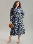 General Print Pocketed Collared Dress With Ruffles