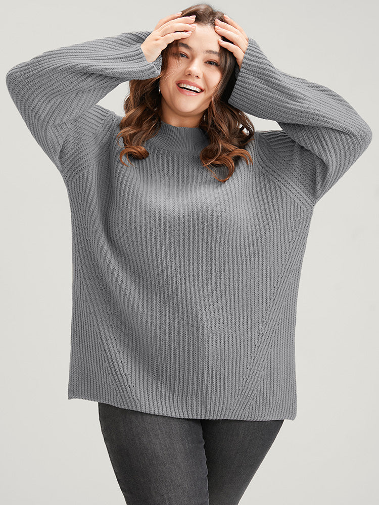 

Solid Pointelle Knit Mock Neck Bell Sleeve Split Knit Top BloomChic, Gray