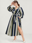 Striped Pocket Split Belted Lapel Collar Midi Dress