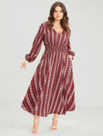 Striped Geometric Pocket Lantern Sleeve Shirred Split Dress