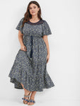 Floral Print Lace Round Neck Dress With Ruffles