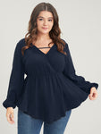 Solid Lantern Sleeve Asymmetrical Hem Wrap Blouse