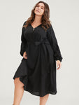 Solid Belted Lantern Sleeve Button Up Pocket Midi Dress