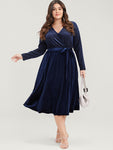 V-neck Striped Print Velvet Glittering Pocketed Belted Dress