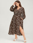 Floral Split Pocket Lantern Sleeve Wrap Flutter Midi Dress