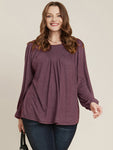 Solid Round Neck Gathered Lantern Sleeve Blouse