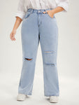 Boyfriend Wide Leg Non Stretchy High Rise Light Wash Distressed Jeans