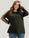 Leopard Patchwork Raglan Sleeve Waffle Knit Sweatshirt