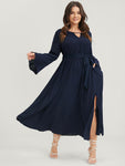 Flutter Sleeves Pocketed Keyhole Belted Dress by Bloomchic Limited