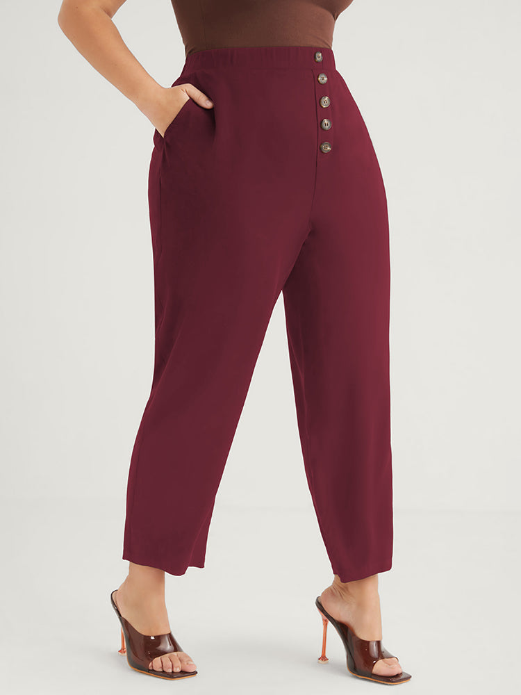 

Plus Size Women Workwear Plain Button High Rise Pocket Workleisure Pants BloomChic, Burgundy