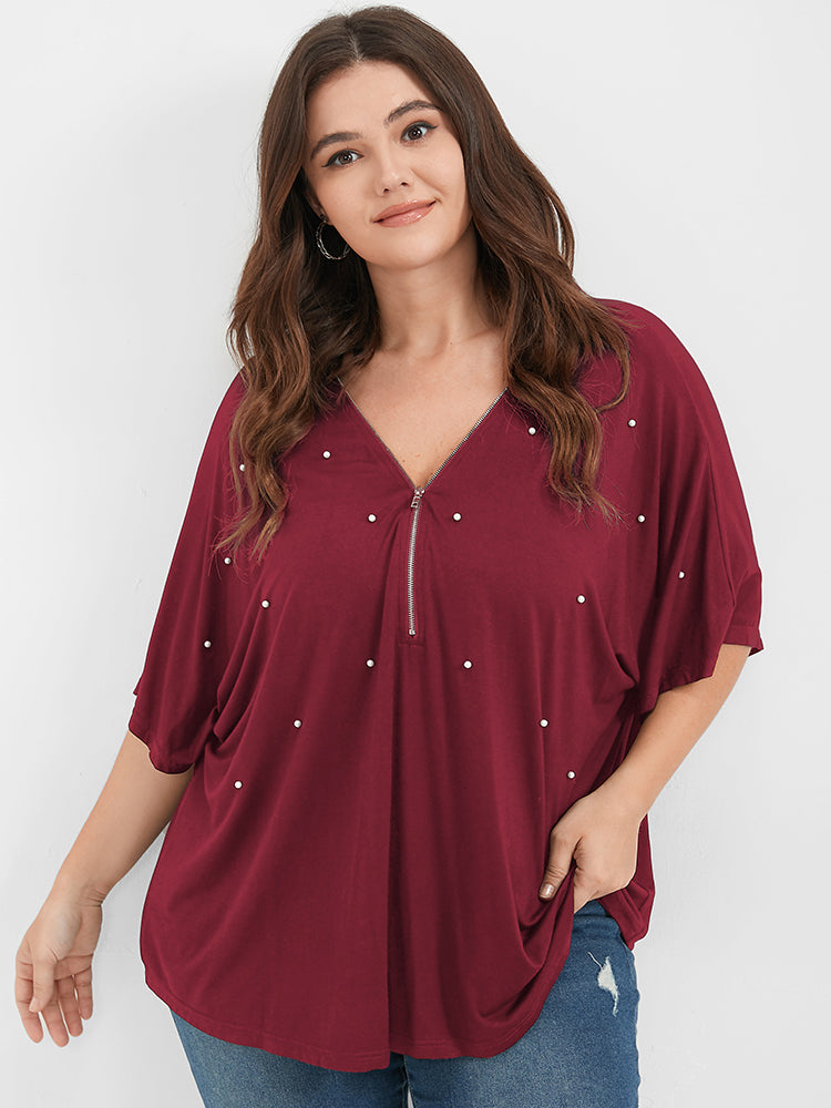 

Plus Size Women Dailywear Plain Beaded Dolman Sleeve Half Sleeve V Neck Elegance T-shirts BloomChic, Burgundy