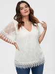 Solid V Neck Contrast Lace Mesh Blouse