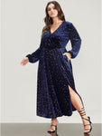 Halloween Star Print Wrap Lantern Sleeve Pocket Split Velvet Maxi Dress