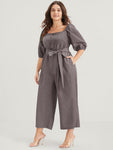 Plain Fake Button Pocket Puff Sleeve Square Neck Belted Jumpsuit