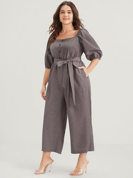 Square Neck Puff Sleeves Sleeves Pocketed Belted Jumpsuit