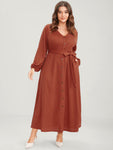 Solid Lantern Sleeve Pocket Button Detail Waffle Knit Belted Dress