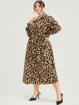 Animal Leopard Print Collared Pocketed Belted Midi Dress