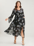 Halloween Sun Print Bell Sleeve Mesh Split Dress