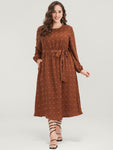 Polka Dot Round Neck Pocket Belted Lantern Sleeve Dress