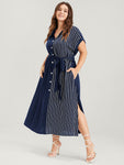 Striped Print Pocketed Belted Dolman Sleeves Dress
