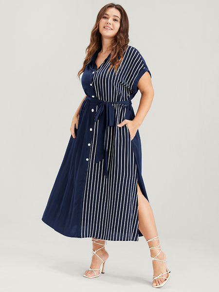 Striped Print Belted Pocketed Dolman Sleeves Dress