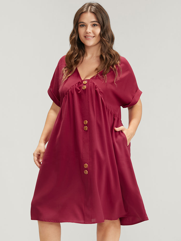 

Plus Size Women Dailywear Plain Gathered Regular Sleeve Short Sleeve V Neck Pocket Casual Dresses BloomChic, Burgundy