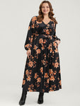 V-neck Belted Velvet Floral Print Maxi Dress