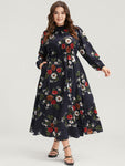 Floral Lantern Sleeve Pocket Shirred Mock Neck Dress