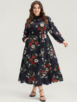 Floral Print Mock Neck Shirred Pocketed Dress