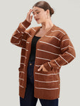 Striped Pointelle Knit Button Side Pocket Open Front Cardigan