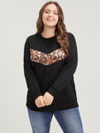 Leopard Patchwork Round Neck Drop Shoulder Sweatshirt