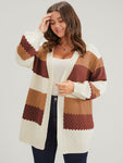 Striped Colorblock Contrast Pointelle Knit Jacquard Open Front Cardigan