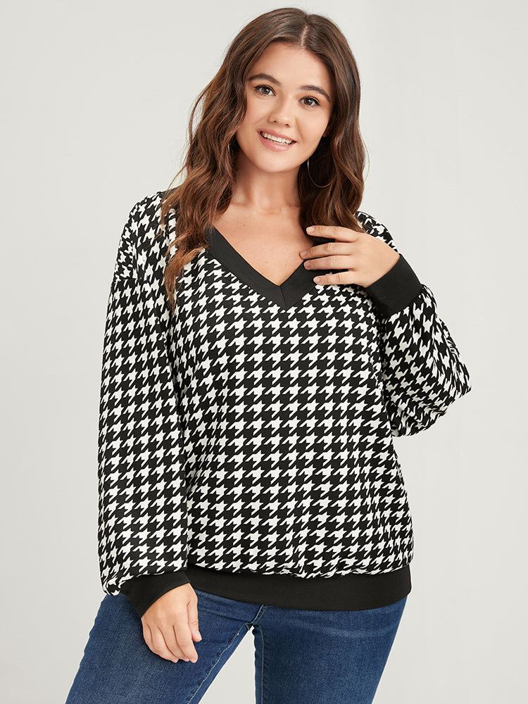 

Plus Size Women Dailywear Houndstooth Contrast Regular Regular Sleeve Long Sleeve V Neck Elegance Sweatshirts BloomChic, Black