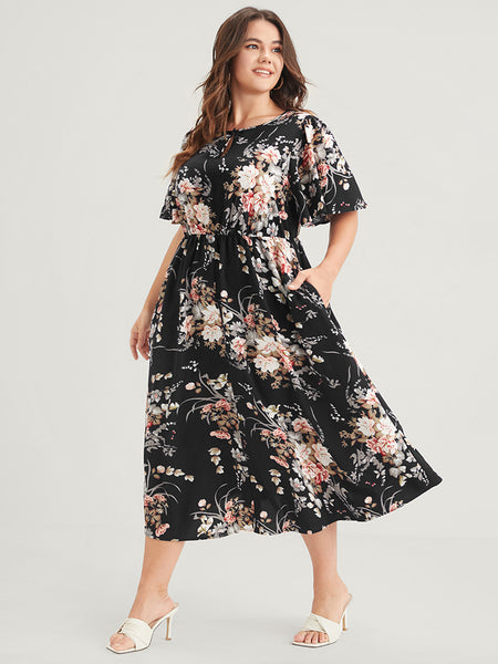 Round Neck Floral Print Pocketed Keyhole Midi Dress With Ruffles