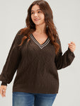 Contrast Trim Pointelle Knit V Neck Lantern Sleeve Knit Top