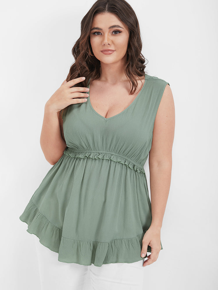 

Plus Size Women Dailywear Plain Frill Trim Sleeveless V Neck Elegance Tank Tops Camis BloomChic, Light green