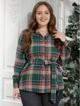 Plaid Button Up Belted Blouse