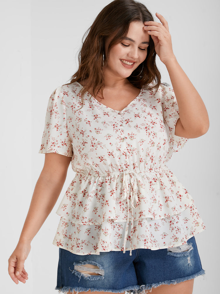 Ditsy Floral Front Tiered Babydoll Blouse