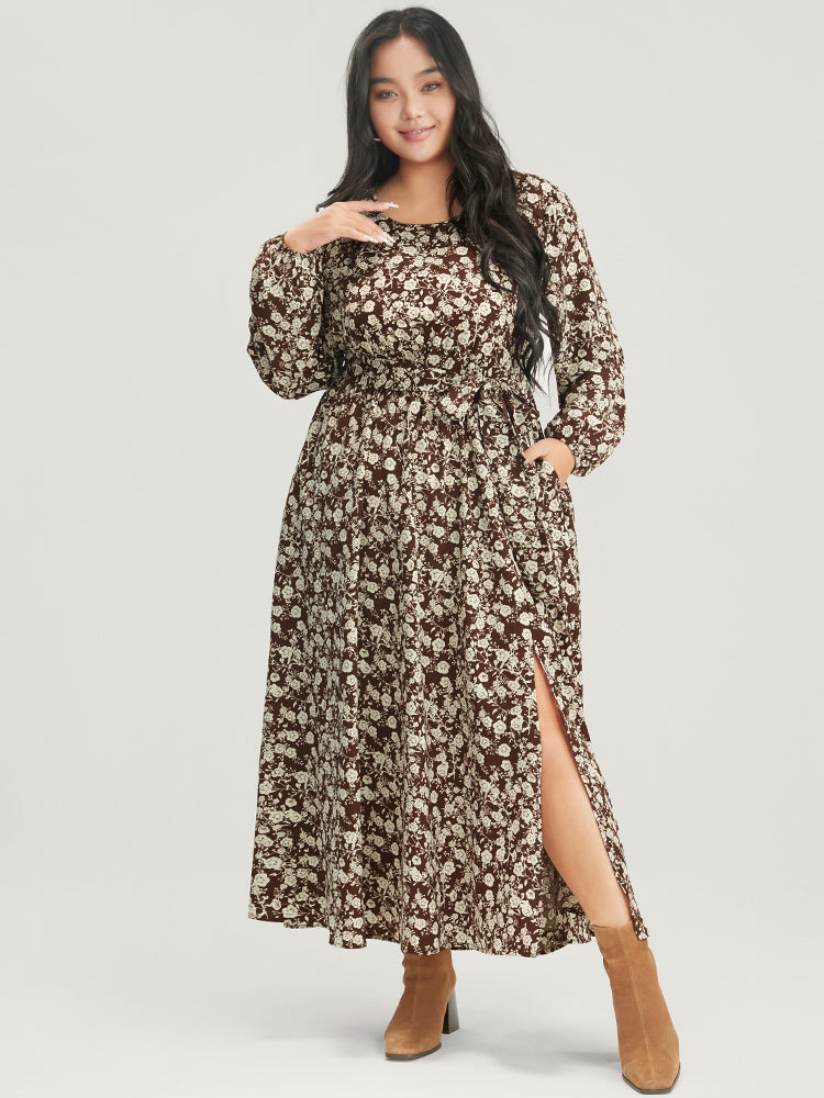 

Plus Size Women Dailywear Ditsy Floral Belted Lantern Sleeve Long Sleeve Round Neck Pocket Belt Elegance Dresses BloomChic, Dark brown